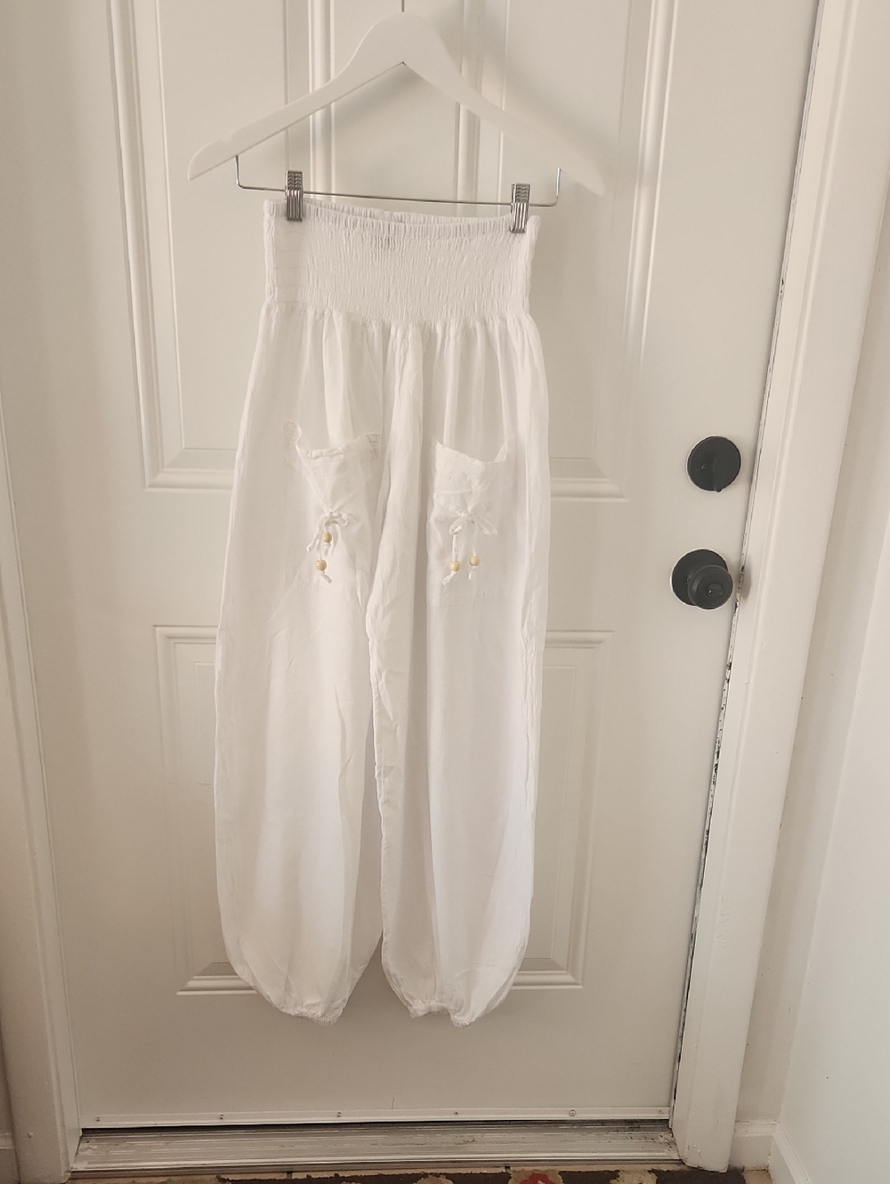 Wide-Leg Smocked Waist White Cotton  Pants